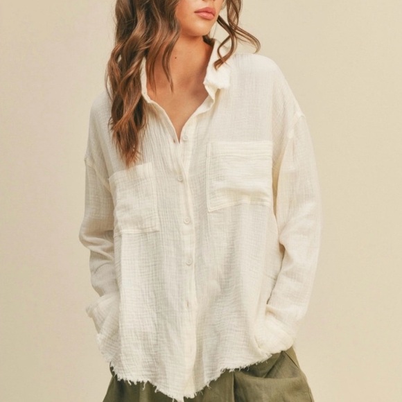 MIOU MUSE Double Gauze Button Down Shirts, white, Medium - Picture 8 of 8